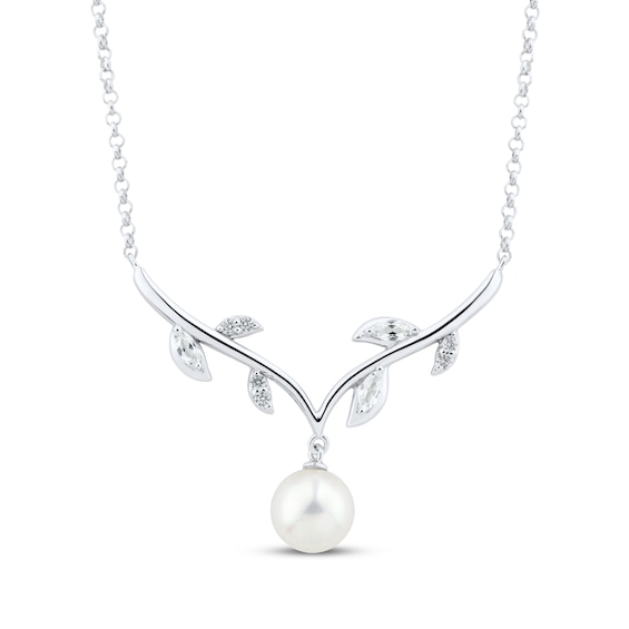 Cultured Pearl & White Lab-Created Sapphire Vine Necklace Sterling Silver 18"