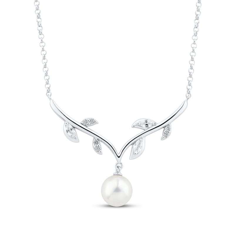 Main Image 1 of Cultured Pearl & White Lab-Created Sapphire Vine Necklace Sterling Silver 18"