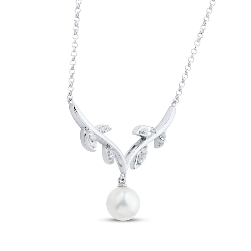 Main Image 2 of Cultured Pearl & White Lab-Created Sapphire Vine Necklace Sterling Silver 18"