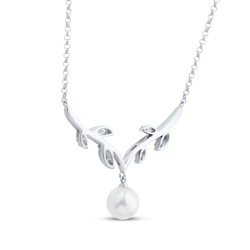 Main Image 3 of Cultured Pearl & White Lab-Created Sapphire Vine Necklace Sterling Silver 18"