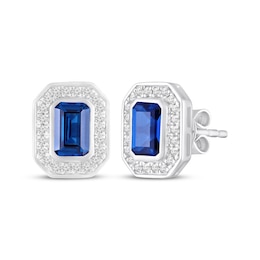 Octagon-Cut Blue Lab-Created Sapphire & White Lab-Created Sapphire Halo Stud Earrings Sterling Silver