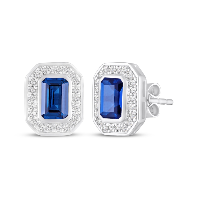Main Image 1 of Octagon-Cut Blue Lab-Created Sapphire & White Lab-Created Sapphire Halo Stud Earrings Sterling Silver