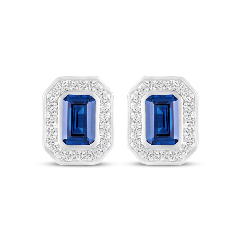 Main Image 2 of Octagon-Cut Blue Lab-Created Sapphire & White Lab-Created Sapphire Halo Stud Earrings Sterling Silver
