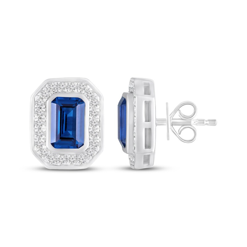Main Image 3 of Octagon-Cut Blue Lab-Created Sapphire & White Lab-Created Sapphire Halo Stud Earrings Sterling Silver