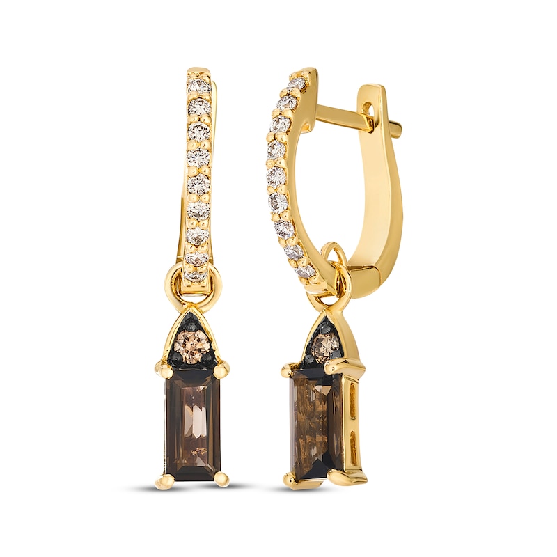 Main Image 1 of Le Vian Baguette-Cut Chocolate Quartz Dangle Hoop Earrings 1/5 ct tw ct tw Diamonds 14K Honey Gold
