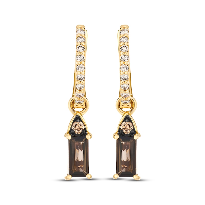 Main Image 2 of Le Vian Baguette-Cut Chocolate Quartz Dangle Hoop Earrings 1/5 ct tw ct tw Diamonds 14K Honey Gold