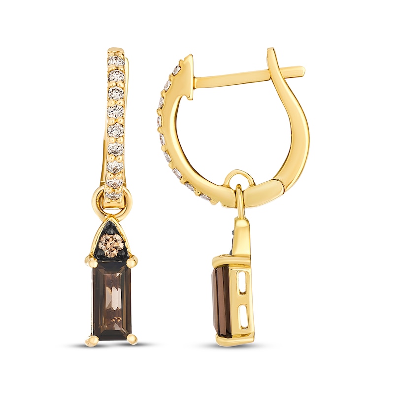 Main Image 3 of Le Vian Baguette-Cut Chocolate Quartz Dangle Hoop Earrings 1/5 ct tw ct tw Diamonds 14K Honey Gold