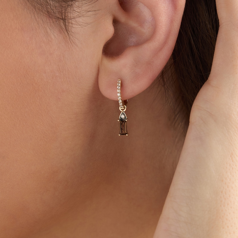 Main Image 4 of Le Vian Baguette-Cut Chocolate Quartz Dangle Hoop Earrings 1/5 ct tw ct tw Diamonds 14K Honey Gold