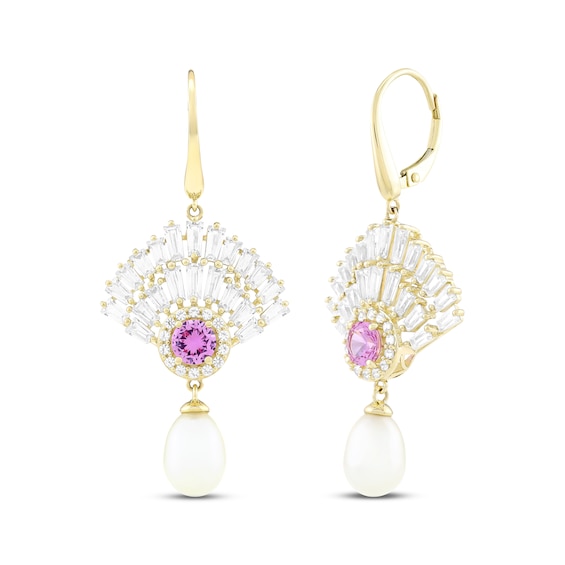 Cultured Pearl & Pink Lab-Created Sapphire Drop Earrings 10K Yellow Gold
