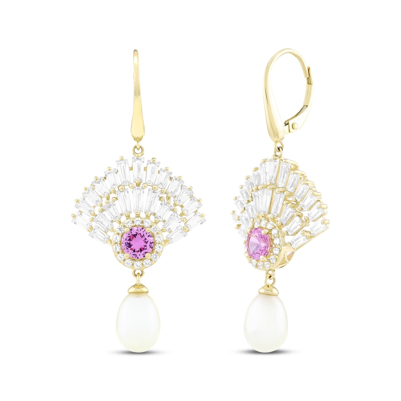 Main Image 1 of Cultured Pearl & Pink Lab-Created Sapphire Drop Earrings 10K Yellow Gold