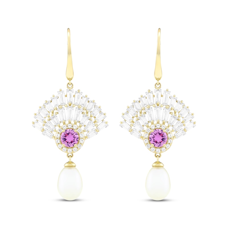 Main Image 2 of Cultured Pearl & Pink Lab-Created Sapphire Drop Earrings 10K Yellow Gold