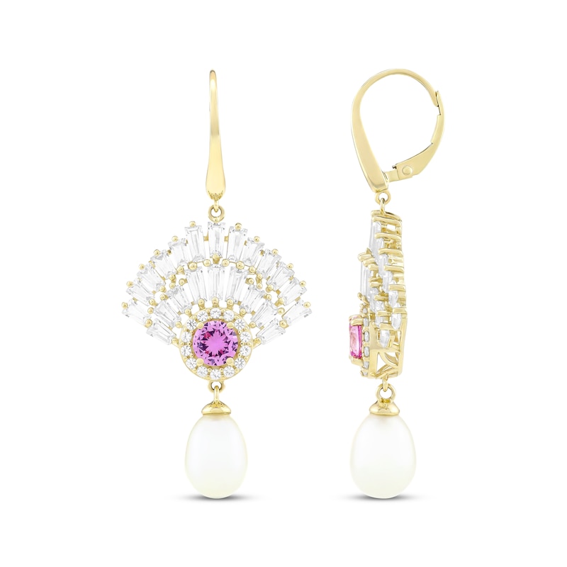 Main Image 3 of Cultured Pearl & Pink Lab-Created Sapphire Drop Earrings 10K Yellow Gold