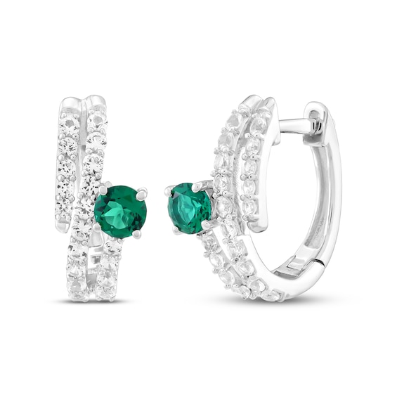 Lab-Created Emerald & White Lab-Created Sapphire Bypass Hoop Earrings Sterling Silver