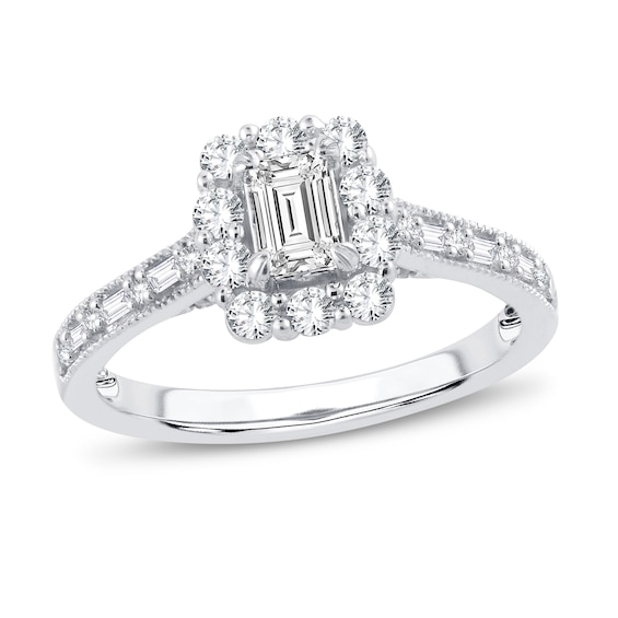 Now + Forever Diamond Engagement Ring 3/4 ct tw Emerald, Round, Baguette 14K White Gold