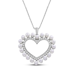 Cultured Pearl & White Lab-Created Sapphire Heart Necklace Sterling Silver 18"