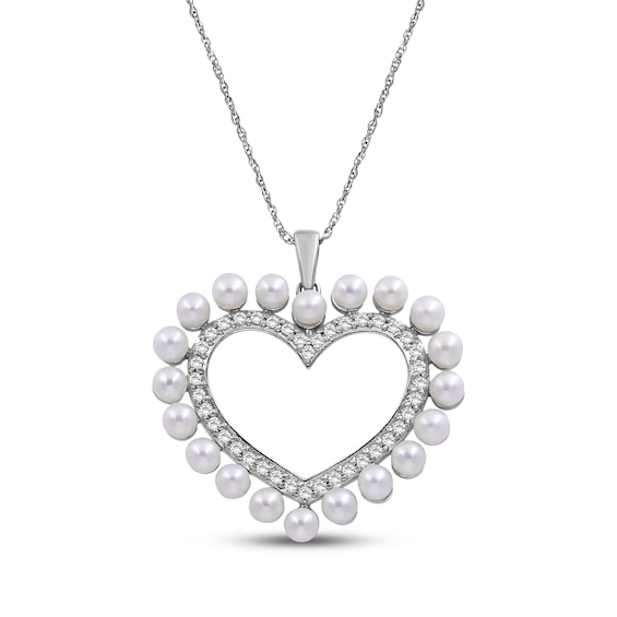Cultured Pearl & White Lab-Created Sapphire Heart Necklace Sterling Silver 18"