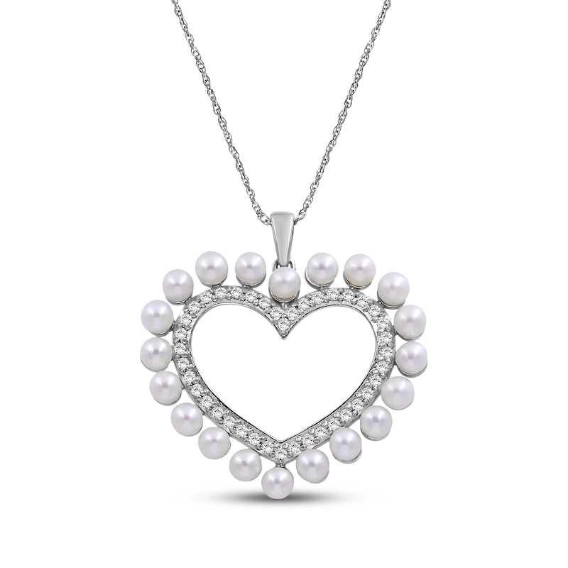 Main Image 1 of Cultured Pearl & White Lab-Created Sapphire Heart Necklace Sterling Silver 18"