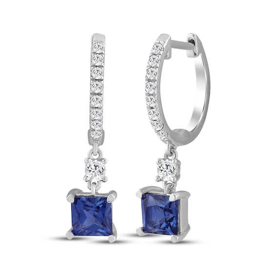 Square-Cut Blue Lab-Created Sapphire & White Lab-Created Sapphire Dangle Hoop Earrings Sterling Silver