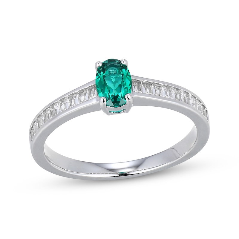 Main Image 1 of Oval-Cut Lab-Created Emerald & White Lab-Created Sapphire Ring Sterling Silver