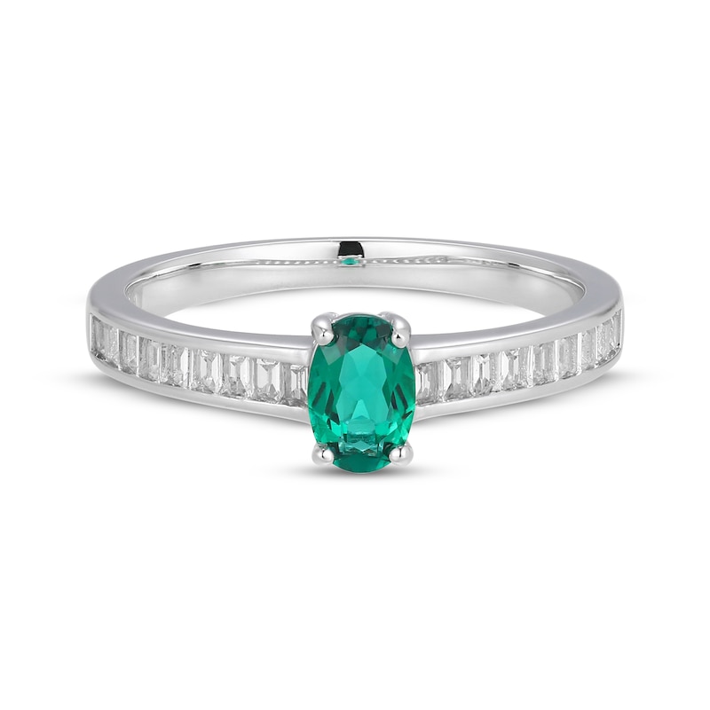 Main Image 3 of Oval-Cut Lab-Created Emerald & White Lab-Created Sapphire Ring Sterling Silver