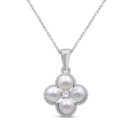 Cultured Pearl & White Lab-Created Sapphire Clover Necklace Sterling Silver 18"