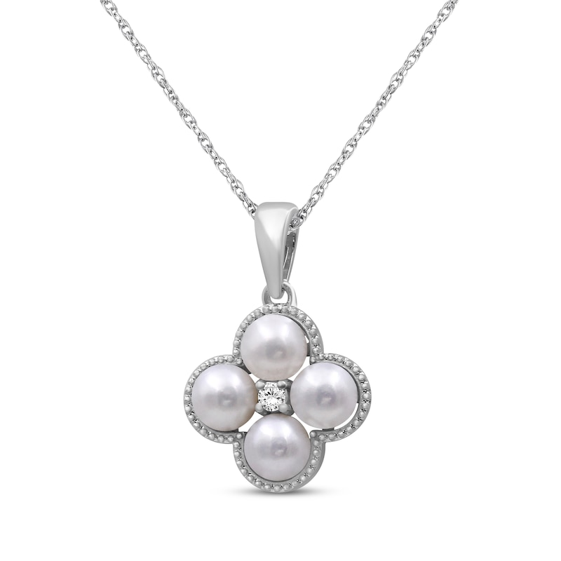 Main Image 2 of Cultured Pearl & White Lab-Created Sapphire Clover Necklace Sterling Silver 18"