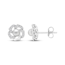 Cultured Pearl & White Lab-Created Sapphire Flower Stud Earrings Sterling Silver