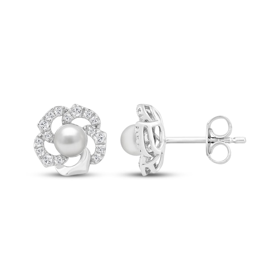 Cultured Pearl & White Lab-Created Sapphire Flower Stud Earrings Sterling Silver