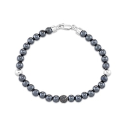 Men's Hematite Bead & Black Diamond Bracelet 1/4 ct tw Sterling Silver 8.5"