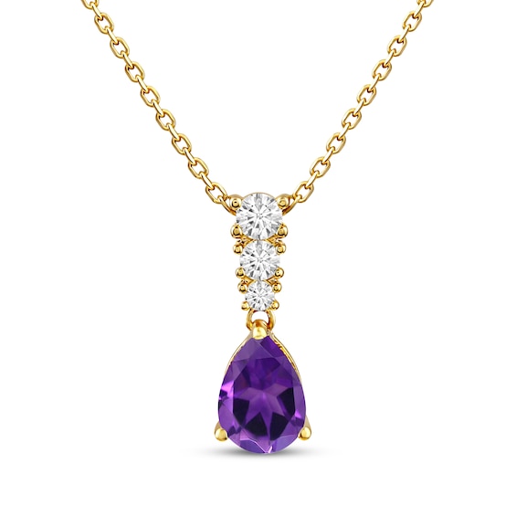 KAY Lab-Grown Diamonds Pear-Shaped Natural Amethyst Drop Necklace 1/10 ct tw 10K Yellow Gold 18"