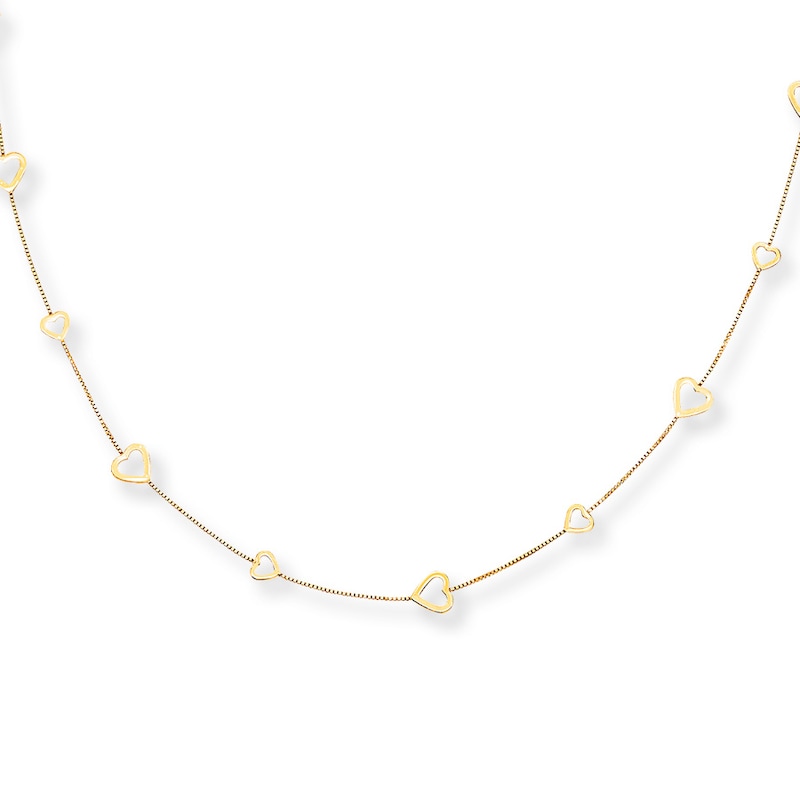 Heart Station Necklace 14K Yellow Gold 17"