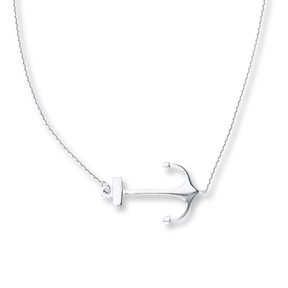 Sideways Anchor Necklace 14K White Gold 18"