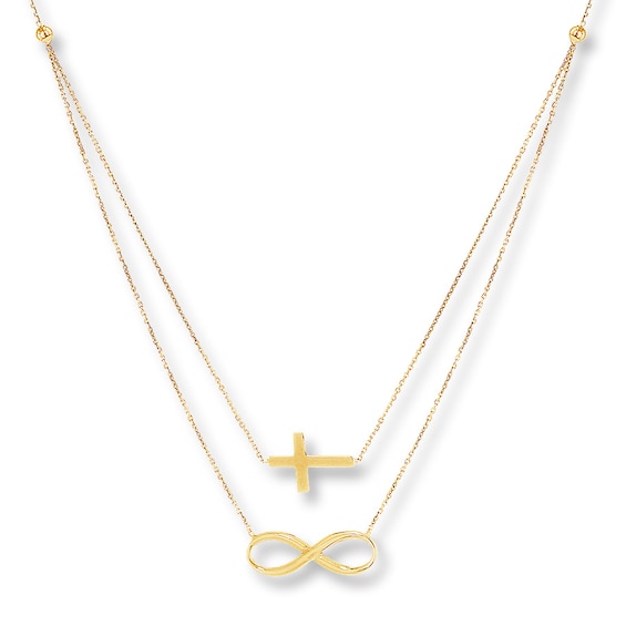 Cross & Infinity Symbol Layered Necklace 14K Yellow Gold 18"