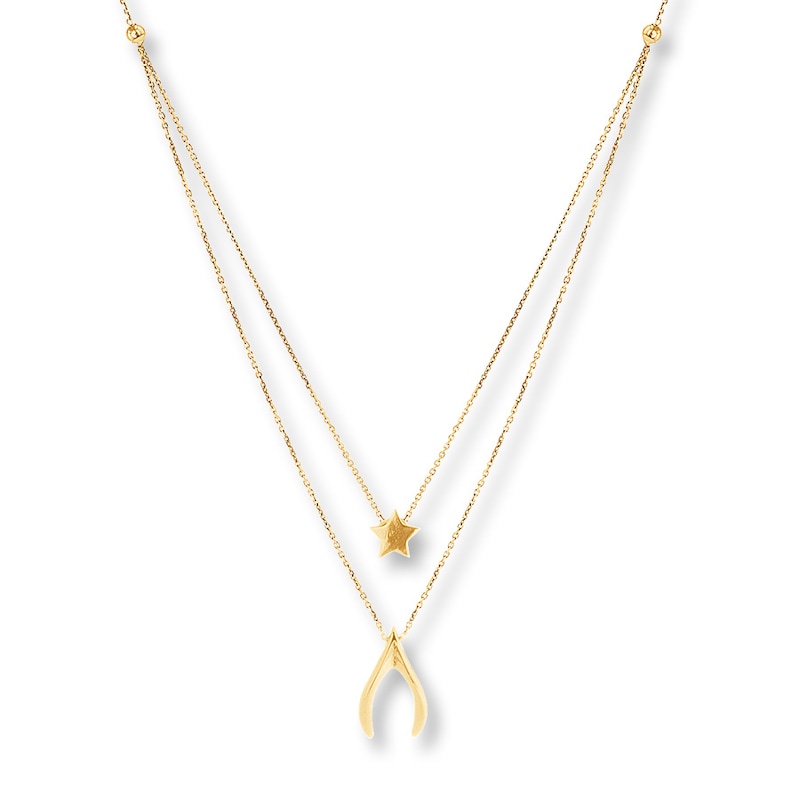 Wishbone & Star Layered Necklace 14K Yellow Gold 18"