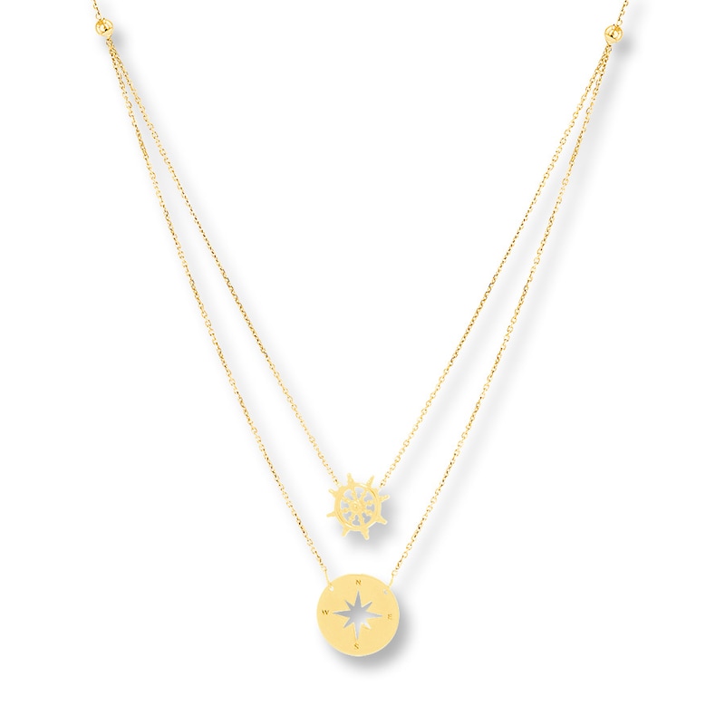 Shipwheel & Compass Layered Necklace 14K Yellow Gold 18"