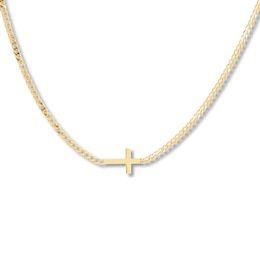 Cross Curb Chain Choker Necklace 14K Yellow Gold 12&quot;-17&quot; Adj.
