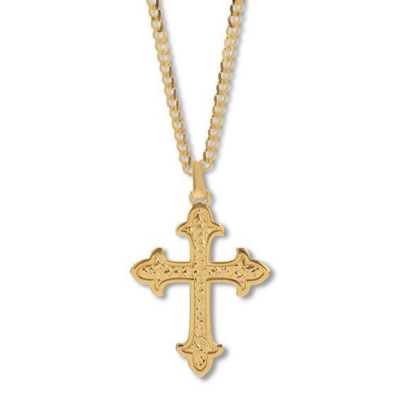 Textured Cross Necklace 14K Yellow Gold 24"