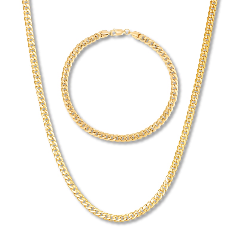 Hollow Curb Chain Necklace & Bracelet Set 10K Yellow Gold
