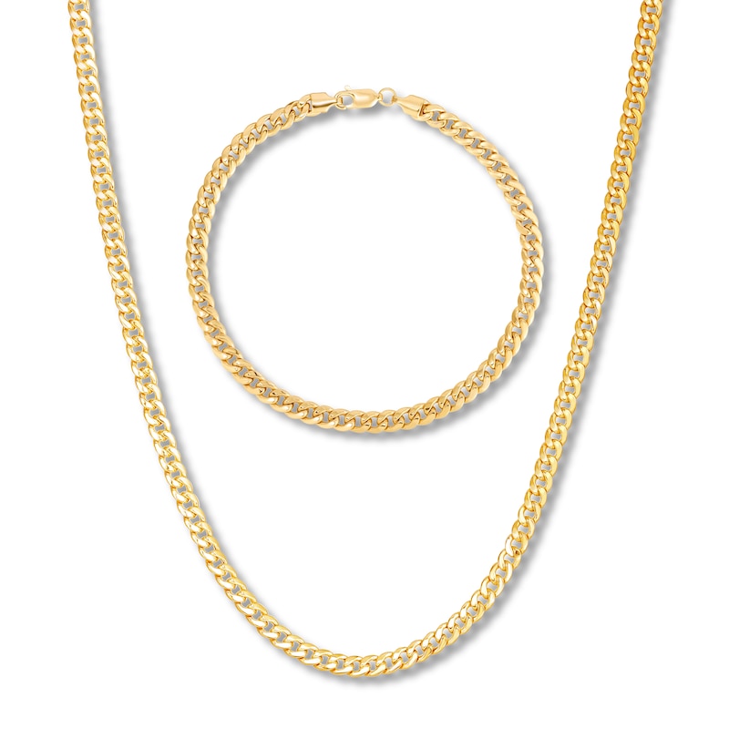 Main Image 1 of Hollow Curb Chain Necklace & Bracelet Set 10K Yellow Gold
