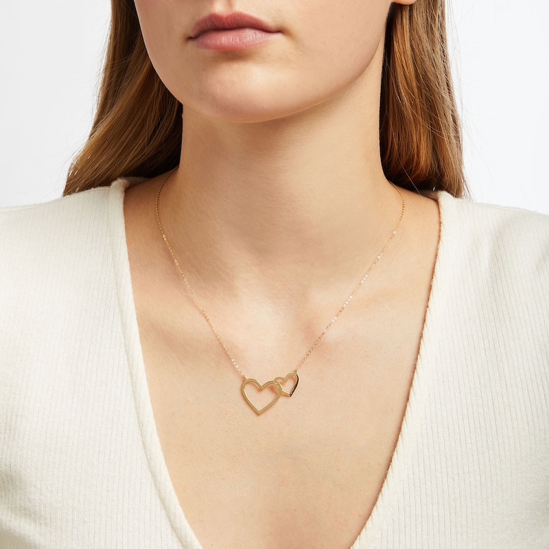 Double Heart Necklace 10K Yellow Gold 16"