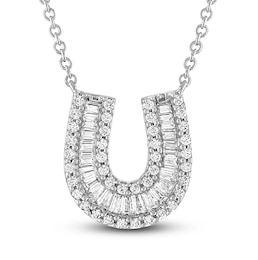 Diamond Horseshoe Necklace 1/3 ct tw Round & Baguette 10K White Gold 18"