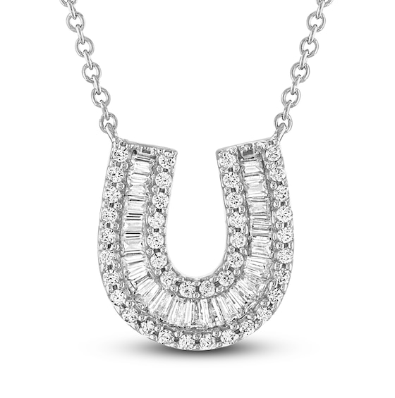 Diamond Horseshoe Necklace 1/3 ct tw Round & Baguette 10K White Gold 18"