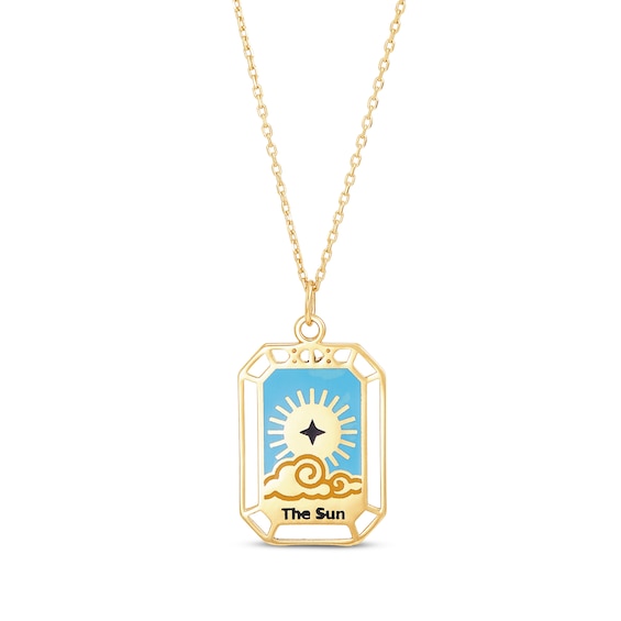 "The Sun" Tarot Card Enamel Necklace 10K Yellow Gold 18"