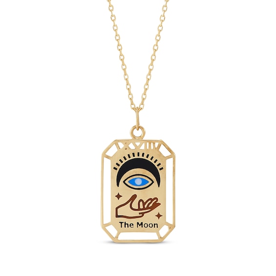 "The Moon" Tarot Card Enamel Necklace 10K Yellow Gold 18"