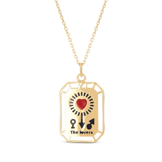 "The Lovers" Tarot Card Enamel Necklace 10K Yellow Gold 18"