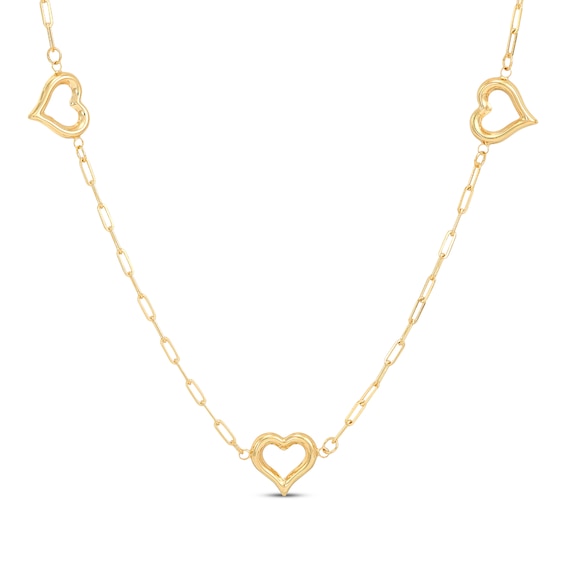 Polished Heart Outline Paperclip Station Necklace 14K Yellow Gold 18"