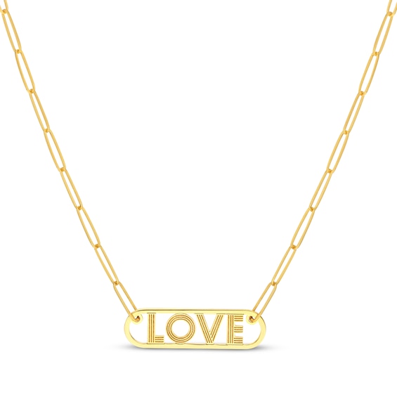 Love Paperclip Necklace Hollow 14K Yellow Gold 18"
