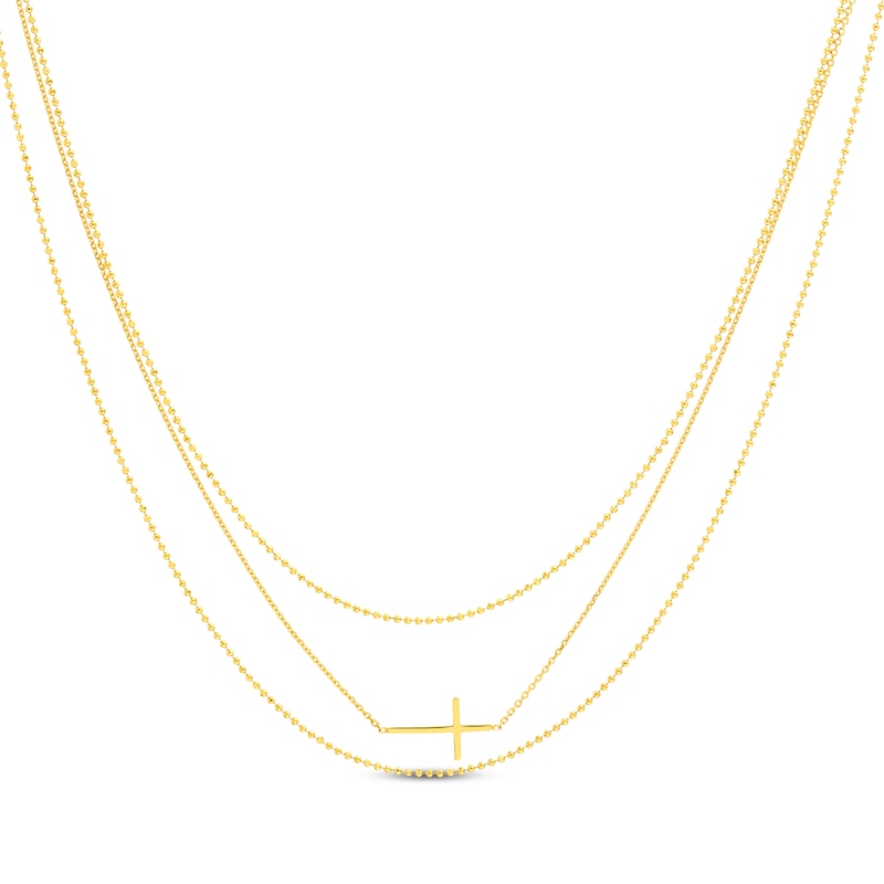 Three-Strand Sideways Cross Necklace 14K Yellow Gold 18"