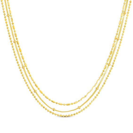 Mixed Bead Three-Strand Chain Necklace 14K Yellow Gold 18"