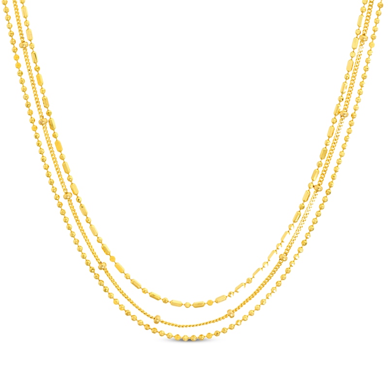 Main Image 1 of Mixed Bead Three-Strand Chain Necklace Solid 14K Yellow Gold 18&quot;